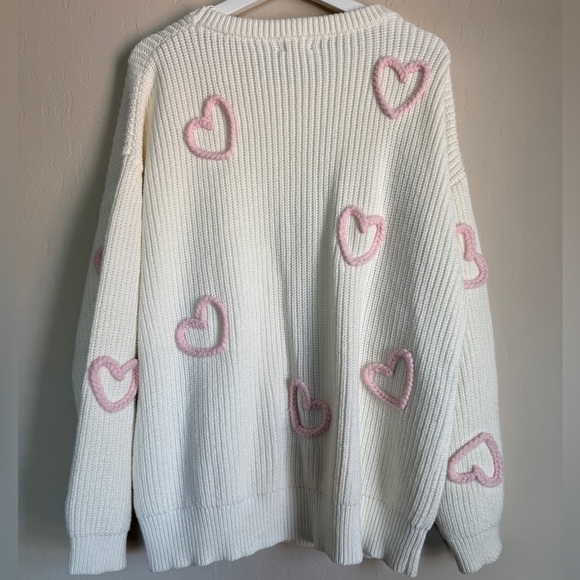Tullabee Cream Knit Mom Sweater Pink Braided Hearts Valentine’s Day Medium - Picture 6 of 13